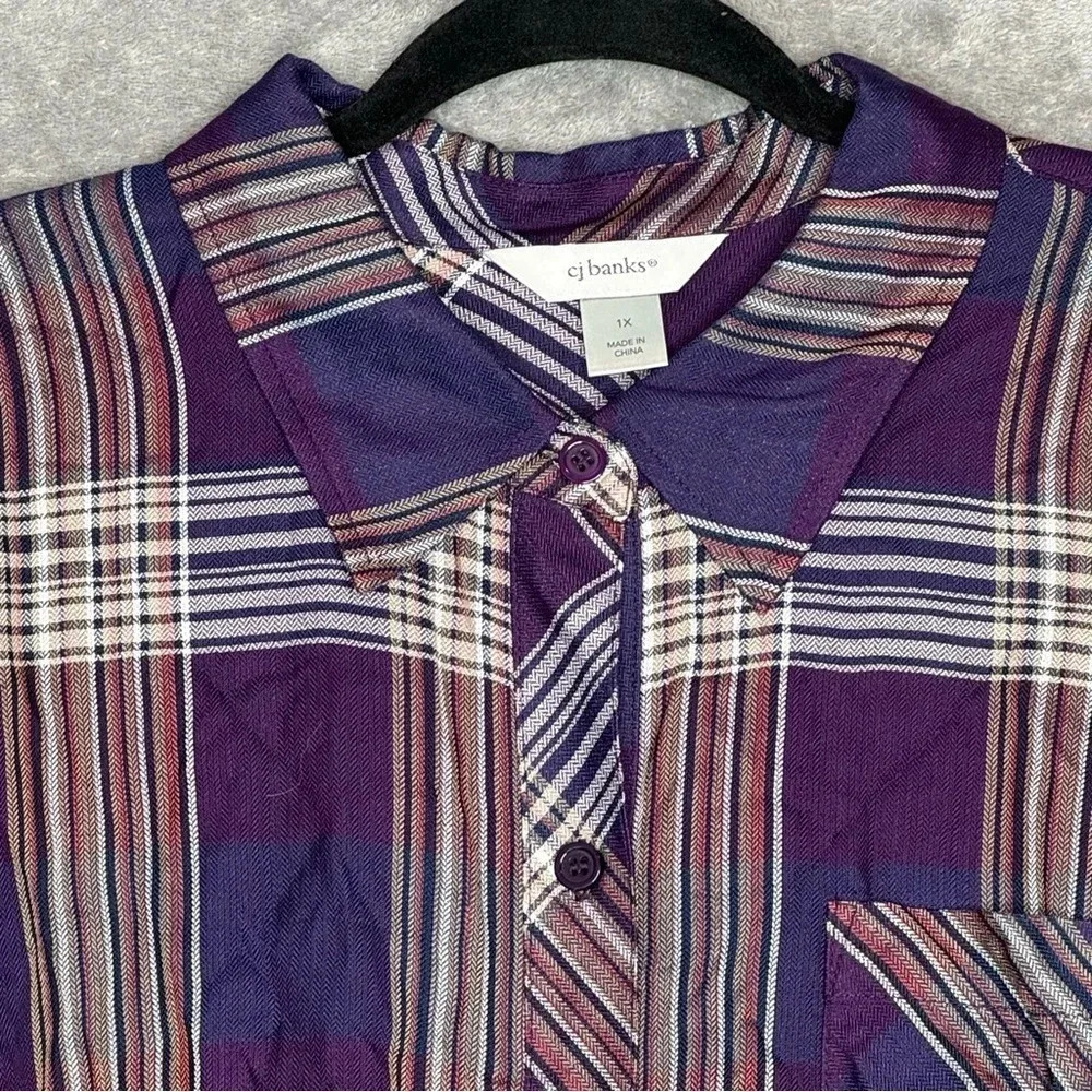 CJ Banks 1X Shirt Top Purple Plaid Button Up Long Sleeve Collared Lightweight - Picture 3 of 7